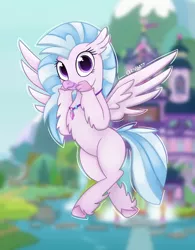 Size: 2500x3200 | Tagged: safe, artist:rivin177, derpibooru import, gallus, ocellus, sandbar, silverstream, smolder, yona, classical hippogriff, hippogriff, school daze, cute, diastreamies, female, flying, image, jewelry, necklace, png, pond, school of friendship, signature, solo, student six, wings, young 6