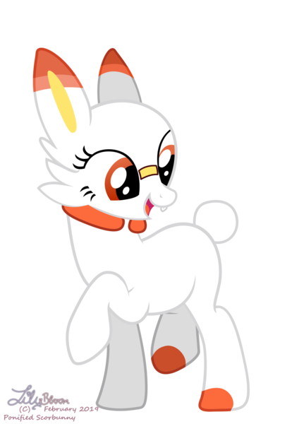 Size: 1061x1500 | Tagged: safe, artist:lilybloom, derpibooru import, oc, ponified, earth pony, pony, scorbunny, bandaid, bucktooth, bunny tail, cheek fluff, crossover, female, grin, image, looking back, mare, open mouth, png, pokemon sword and shield, pokémon, raised hoof, raised leg, simple background, smiling, solo, transparent background