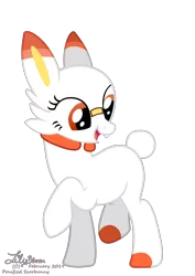 Size: 1061x1500 | Tagged: safe, artist:lilybloom, derpibooru import, oc, ponified, earth pony, pony, scorbunny, bandaid, bucktooth, bunny tail, cheek fluff, crossover, female, grin, image, looking back, mare, open mouth, png, pokemon sword and shield, pokémon, raised hoof, raised leg, simple background, smiling, solo, transparent background