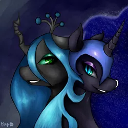 Size: 2000x2000 | Tagged: safe, artist:ping000, derpibooru import, nightmare moon, queen chrysalis, alicorn, changeling, changeling queen, pony, back to back, bust, duo, female, image, mare, png