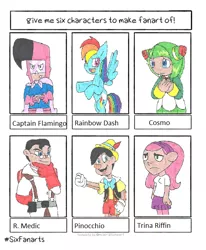 Size: 566x688 | Tagged: safe, artist:cmara, derpibooru import, rainbow dash, bird, flamingo, human, pegasus, pony, six fanarts, captain flamingo, clothes, cosmo the seedrian, costume, crossover, female, glasses, gloves, grojband, hat, image, male, mare, medic, open mouth, pinocchio, png, rearing, sonic the hedgehog (series), team fortress 2, thinking, traditional art