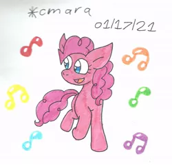 Size: 1059x1020 | Tagged: safe, artist:cmara, derpibooru import, pinkie pie, earth pony, pony, female, image, jpeg, mare, music notes, open mouth, raised hoof, raised leg, simple background, singing, solo, traditional art, white background