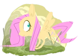 Size: 548x399 | Tagged: safe, artist:blynxee, derpibooru import, fluttershy, pegasus, pony, :c, colored pupils, female, frown, grass, image, looking back, mare, nervous, png, scared, simple background, solo, spread wings, transparent background, wide eyes, wings