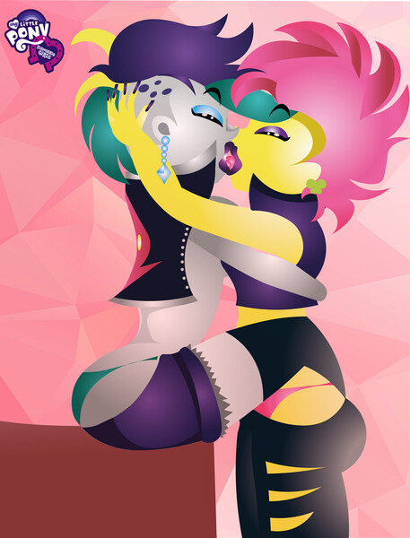 Size: 1000x1313 | Tagged: suggestive, artist:moizeus3, derpibooru import, fluttershy, rarity, equestria girls, abstract background, alternate hairstyle, ass, breasts, butt, clothes, ear piercing, earring, equestria girls logo, eyes closed, female, flarity, flutterbutt, flutterpunk, french kiss, image, jewelry, jpeg, kissing, leg lock, lesbian, lipstick, panties, piercing, punk, raripunk, rearity, shipping, socks, thigh highs, thong, underwear