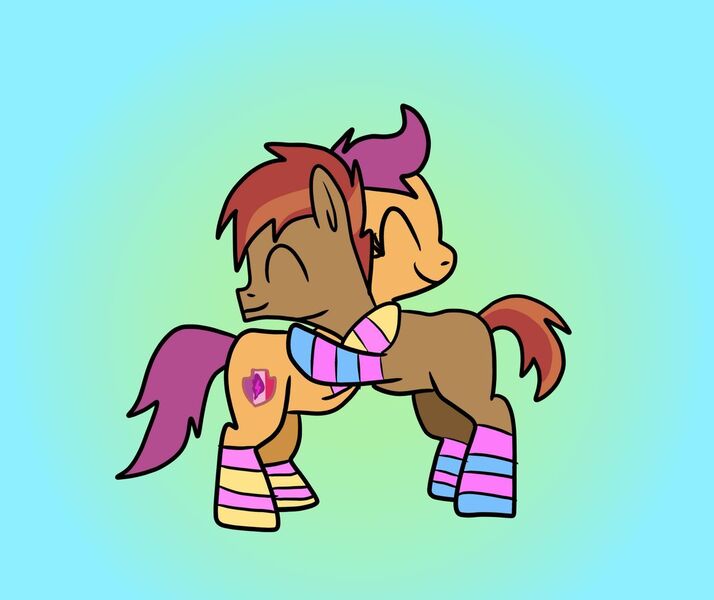 Size: 1280x1076 | Tagged: safe, artist:platinumdrop, derpibooru import, button mash, scootaloo, clothes, gradient background, hug, image, jpeg, missing accessory, request, simple background, socks, striped socks