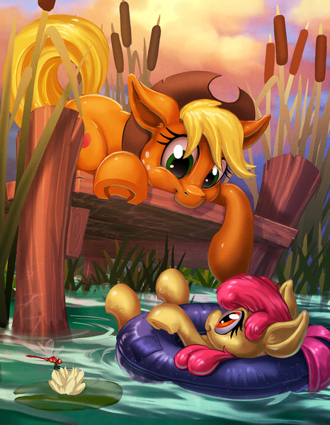 Size: 1940x2500 | Tagged: safe, artist:harwick, derpibooru import, apple bloom, applejack, dragonfly, earth pony, insect, pony, adorabloom, apple sisters, applebetes, cowboy hat, cute, female, hat, image, inner tube, jackabetes, jpeg, lilypad, pier, reeds, siblings, sisters, sweet dreams fuel, underhoof