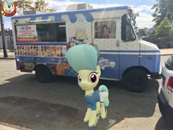 Size: 3264x2448 | Tagged: safe, artist:topsangtheman, derpibooru import, cinnabar, golden hooves, quicksilver, earth pony, pony, 3d, gameloft, ice cream truck, image, irl, jpeg, looking at you, new york city, photo, ponies in real life, solo, source filmmaker
