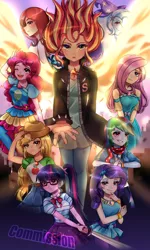 Size: 1280x2134 | Tagged: safe, artist:hanasakiyunarin, derpibooru import, applejack, fluttershy, moondancer, pinkie pie, rainbow dash, rarity, sci-twi, sunset shimmer, trixie, twilight sparkle, equestria girls, commission, cutie mark accessory, daydream shimmer, fiery wings, geode of fauna, geode of shielding, geode of sugar bombs, geode of super speed, geode of super strength, geode of telekinesis, humane five, humane seven, humane six, image, jpeg, magical geodes, open mouth, smiling, sword, weapon, wings