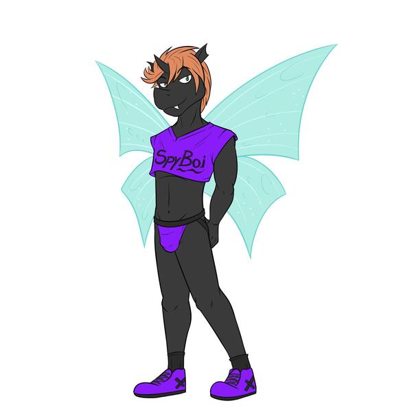 Size: 2000x2000 | Tagged: questionable, artist:fuzebox, derpibooru import, oc, unofficial characters only, anthro, changeling, arm behind back, bulges, changeling oc, clothes, digital art, female, horn, image, jockstrap, jpeg, midriff, shirt, shoes, short shirt, simple background, solo, solo female, underwear, white background, wings