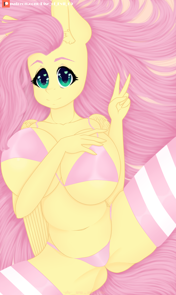 Size: 1150x1920 | Tagged: suggestive, alternate version, artist:rise_of_evil_69, derpibooru import, fluttershy, anthro, pegasus, pony, belly button, big breasts, big eyes, bra, bralette, breasts, busty fluttershy, clothes, cute, ear fluff, female, heart eyes, huge breasts, image, looking at you, lying down, mare, on back, panties, patreon, patreon logo, peace sign, pink underwear, png, sexy, shyabetes, simple background, smiling, smiling at you, socks, solo, solo female, stray strand, striped socks, thigh highs, underwear, wingding eyes