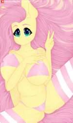 Size: 1150x1920 | Tagged: suggestive, alternate version, artist:rise_of_evil_69, derpibooru import, fluttershy, anthro, pegasus, pony, belly button, big breasts, big eyes, bra, bralette, breasts, busty fluttershy, clothes, cute, ear fluff, female, heart eyes, huge breasts, image, looking at you, lying down, mare, on back, panties, patreon, patreon logo, peace sign, pink underwear, png, sexy, shyabetes, simple background, smiling, smiling at you, socks, solo, solo female, stray strand, striped socks, thigh highs, underwear, wingding eyes