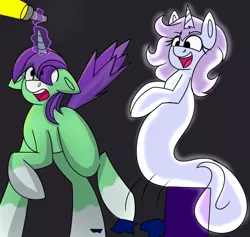 Size: 1325x1254 | Tagged: safe, artist:askhypnoswirl, derpibooru import, oc, oc:crescent star, oc:swirly daze, unofficial characters only, crystal pony, ghost, pony, undead, unicorn, crystal unicorn, female, flashlight (object), image, lamp, laughing, magic, male, mare, phasmophobia, png, scared, shipping, spooked, stallion, straight