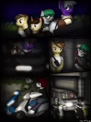 Size: 1750x2333 | Tagged: safe, artist:99999999000, derpibooru import, oc, oc:firearm king, oc:li anna, oc:mar baolin, oc:zhang cathy, earth pony, pony, unicorn, comic:airsoft, car, comic, female, glasses, image, male, motorcycle, png, scooter, van