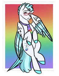 Size: 827x1063 | Tagged: safe, artist:lieutenantcactus, derpibooru import, feather flatterfly, pegasus, pony, colored hooves, image, male, necktie, png, rainbow background, solo, stallion