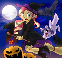 Size: 1500x1400 | Tagged: safe, artist:haden-2375, derpibooru import, sunset shimmer, twilight sparkle, bird, cat, equestria girls, broom, catified, clothes, costume, flying, flying broomstick, full moon, halloween, hat, holiday, horn, image, jack-o-lantern, moon, night, night sky, open mouth, png, pumpkin, sky, species swap, twilight cat, wings, witch, witch hat
