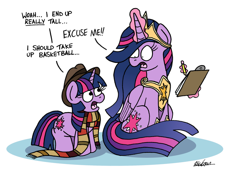 Size: 2364x1749 | Tagged: safe, artist:bobthedalek, derpibooru import, princess twilight 2.0, twilight sparkle, twilight sparkle (alicorn), alicorn, pony, unicorn, the last problem, clipboard, clothes, crown, doctor who, duality, fedora, fourth doctor's scarf, glowing horn, happy birthday mlp:fim, hat, horn, image, implied time travel, jewelry, jpeg, magic, magic aura, mlp fim's tenth anniversary, older, older twilight, pencil, peytral, regalia, scarf, self paradox, self ponidox, simple background, telekinesis, time paradox, tom baker's scarf, unicorn twilight, white background