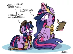 Size: 2364x1749 | Tagged: safe, artist:bobthedalek, derpibooru import, princess twilight 2.0, twilight sparkle, twilight sparkle (alicorn), alicorn, pony, unicorn, the last problem, clipboard, clothes, crown, doctor who, duality, fedora, fourth doctor's scarf, glowing horn, happy birthday mlp:fim, hat, horn, image, implied time travel, jewelry, jpeg, magic, magic aura, mlp fim's tenth anniversary, older, older twilight, pencil, peytral, regalia, scarf, self paradox, self ponidox, simple background, telekinesis, time paradox, tom baker's scarf, unicorn twilight, white background