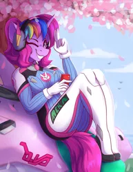 Size: 1700x2200 | Tagged: safe, artist:shadowreindeer, derpibooru import, oc, oc:techy twinkle, anthro, cherry blossoms, clothes, commission, cosplay, costume, d.va, flower, flower blossom, grin, image, jpeg, looking at you, mobile phone, one eye closed, overwatch, phone, smiling, solo, two fingered salute, wink, winking at you, ych result