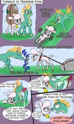 Size: 1200x2000 | Tagged: safe, artist:redahfuhrerking, derpibooru import, pom lamb, tianhuo, dragon, hybrid, longma, comic:dragon horse and sheep, them's fightin' herds, boop, challenge accepted, comic, community related, image, noseboop, png, rock, spit take, training, weight lifting