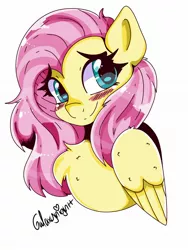 Size: 1440x1920 | Tagged: safe, artist:galaxynightt, derpibooru import, fluttershy, pegasus, pony, blushing, bust, chest fluff, cute, female, image, jpeg, mare, shyabetes, simple background, smiling, solo, white background