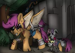 Size: 5016x3541 | Tagged: semi-grimdark, suggestive, alternate version, artist:db, derpibooru import, apple bloom, scootaloo, sweetie belle, earth pony, pegasus, pony, unicorn, bandage, blood, bruised, close-up, crying, cutie mark crusaders, desperation, diaper, diaper fetish, fetish, heroic, image, injured, png, protecting, pullup (diaper), rescue, scar, spread wings, story included, trembling, wings