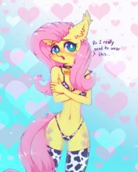 Size: 1280x1600 | Tagged: suggestive, artist:astralblues, derpibooru import, fluttershy, anthro, adorasexy, bell, belly button, bikini, blushing, breasts, busty fluttershy, cleavage, clothes, cowbell, cowkini, cowprint, cute, ear fluff, image, jpeg, panties, sexy, shy, shyabetes, socks, solo, string bikini, swimsuit, thigh highs, thong, underwear