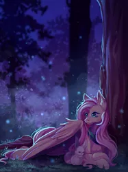 Size: 1024x1366 | Tagged: safe, artist:kaykatt-art, derpibooru import, angel bunny, fluttershy, pegasus, pony, rabbit, animal, cute, ear fluff, female, forest, high res, image, jpeg, lying down, mare, night, prone, shyabetes, tree, wing shelter, wing umbrella, wings