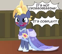 Size: 2488x2164 | Tagged: safe, artist:badumsquish, derpibooru import, star tracker, earth pony, pony, unicorn, once upon a zeppelin, the last problem, angry, blushing, clothes, coronation dress, cosplay, costume, crossdressing, crossplay, crown, cute, derpibooru exclusive, dialogue, dress, embarrassed, freckles, frown, high res, image, implied twilight sparkle, jewelry, male, open mouth, png, pose, regalia, second coronation dress, shoes, show accurate, solo, stallion, starcrossed, trackerbetes, tsundere, yelling