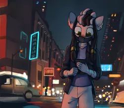 Size: 2243x1957 | Tagged: safe, artist:marsminer, derpibooru import, oc, oc:zahk, unofficial characters only, anthro, zebra, car, city, downtown, dreadlocks, hair jewelry, image, looking down, male, mask, multicolored hair, neon, phone, png, solo, tokyo, zebra oc