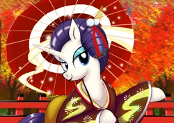 Size: 3508x2480 | Tagged: safe, artist:neoshrek, derpibooru import, rarity, pony, unicorn, clothes, female, fence, geisha, image, japanese, jpeg, kimono (clothing), lidded eyes, looking at you, mare, moon runes, parasol (umbrella), solo, tree, umbrella