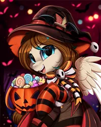 Size: 2550x3209 | Tagged: safe, artist:pridark, derpibooru import, part of a set, oc, oc:amora bunny, unofficial characters only, pegasus, pony, candy, clothes, commission, cute, female, food, halloween, hat, high res, holiday, image, jack-o-lantern, mare, ocbetes, open mouth, png, pumpkin, socks, solo, striped socks, witch hat, ych result
