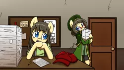 Size: 1600x900 | Tagged: safe, artist:spheedc, derpibooru import, oc, oc:khyoo, oc:orus, unofficial characters only, earth pony, pony, semi-anthro, clothes, corkboard, digital art, door, female, glasses, hat, image, mare, meganekko, paper, png, red hat, table