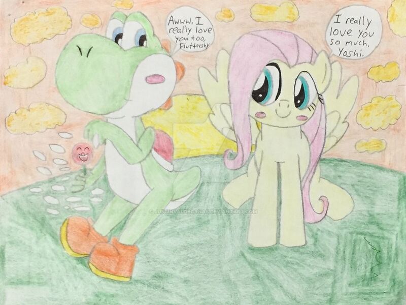 Size: 1280x960 | Tagged: safe, artist:justinvaldecanas, derpibooru import, fluttershy, yoshi, crossover, crossover shipping, deviantart watermark, dialogue, female, flutteryoshi, image, jpeg, male, obtrusive watermark, shipping, straight, super mario bros., traditional art, watermark