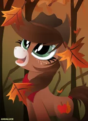 Size: 1500x2068 | Tagged: safe, artist:andaluce, derpibooru import, oc, oc:autumn harvest, earth pony, pony, autumn, clothes, forest, freckles, hat, image, leaves, png, scarf, solo, tree