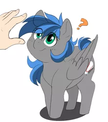 Size: 1243x1407 | Tagged: safe, artist:littlebibbo, derpibooru import, oc, oc:bibbo, unofficial characters only, human, pegasus, pony, confused, female, freckles, hand, image, imminent petting, jpeg, looking at something, looking up, mare, offscreen character, question mark, reaching, smiling, solo focus