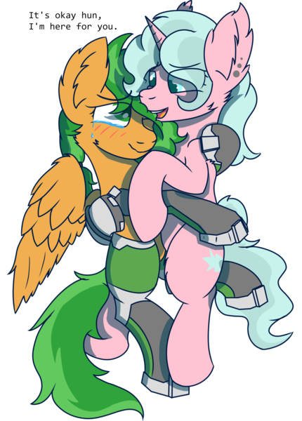 Size: 2150x3000 | Tagged: safe, artist:plone, derpibooru import, oc, oc:atom smasher, oc:candy chip, unofficial characters only, cyborg, pegasus, pony, unicorn, the sunjackers, amputee, cyberpunk, female, hug, image, mare, png, prosthetics, simple background, teary eyes, text, transparent background