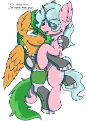 Size: 2150x3000 | Tagged: safe, artist:plone, derpibooru import, oc, oc:atom smasher, oc:candy chip, unofficial characters only, cyborg, pegasus, pony, unicorn, the sunjackers, amputee, cyberpunk, female, hug, image, mare, png, prosthetics, simple background, teary eyes, text, transparent background