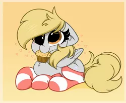 Size: 2800x2300 | Tagged: safe, artist:kittyrosie, derpibooru import, derpy hooves, pegasus, pony, blushing, clothes, cute, daaaaaaaaaaaw, derpabetes, female, floppy ears, food, heart, high res, image, jpeg, mare, mouth hold, muffin, orange background, simple background, socks, solo, striped socks