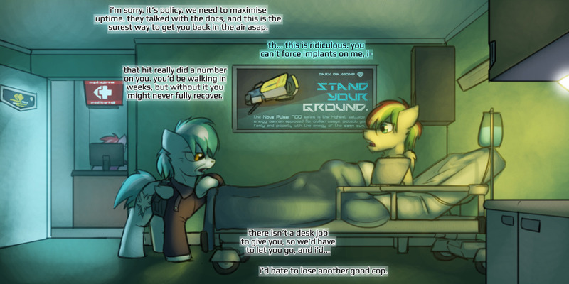 Size: 1280x640 | Tagged: safe, artist:captainhoers, derpibooru import, oc, oc:concorde, oc:rainbow code, unofficial characters only, pegasus, pony, the sunjackers, bed, cyberpunk, duo focus, female, hospital, hospital bed, image, jpeg, male, mare, offspring, older, parent:soarin', parent:spitfire, parents:soarinfire, stallion