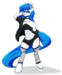 Size: 2491x2989 | Tagged: safe, artist:inkypuso, derpibooru import, oc, oc:mind, anthro, pony, unicorn, bipedal, choker, clothes, commission, cutie mark, fishnets, image, jacket, makeup, piercing, png, punk, shorts, solo, spikes, tattoo