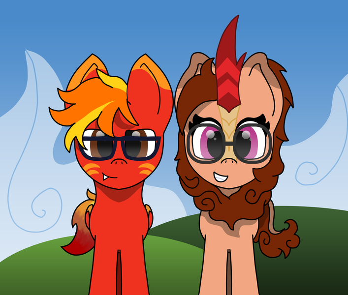 Size: 3264x2770 | Tagged: safe, artist:ragedox, derpibooru import, oc, oc:blazing smart, oc:ragedox, hybrid, kirin, pegasus, pony, brown eyes, brown mane, couple, fangs, female, glasses, happy, image, male, mane of fire, nerd, old drawing, pink eyes, png, red skin, scales, smiling