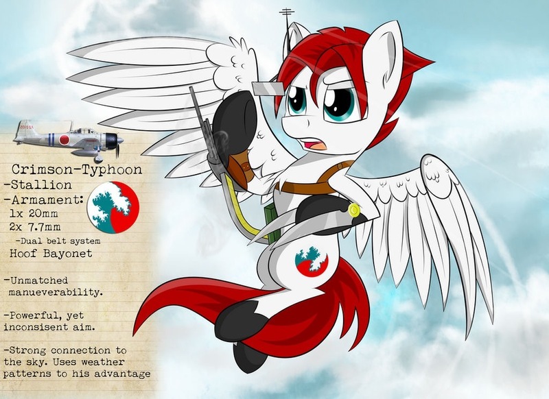 Size: 1024x745 | Tagged: safe, artist:dangercloseart, derpibooru import, oc, oc:crimson typhoon, unofficial characters only, original species, pegasus, plane pony, pony, a6m, handsome, image, jpeg, male, plane, solo, stallion, weapon, wings, world war ii, zero