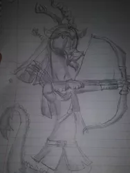 Size: 780x1040 | Tagged: safe, artist:cocolove2176, derpibooru import, discord, draconequus, arrow, bow (weapon), captain wuzz, grayscale, image, jpeg, lineart, lined paper, male, monochrome, solo, traditional art