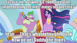 Size: 1280x720 | Tagged: safe, derpibooru import, edit, screencap, princess twilight 2.0, spike, twilight sparkle, twilight sparkle (alicorn), alicorn, dragon, pony, the last problem, caption, crown, duo, female, flowing mane, flowing tail, gigachad spike, image, image macro, jewelry, low effort, male, medal, meme, older, older spike, older twilight, pimpin' ain't easy, png, princess of friendship, regalia, sitting, spike gets all the mares, straight, text, throne, throne room, winged spike