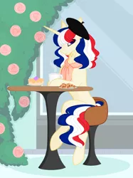 Size: 1801x2408 | Tagged: safe, artist:dianamur, artist:thieeur-nawng, derpibooru import, ponified, pony, unicorn, base used, beret, coffee, food, france, hat, image, nation ponies, outdoors, plant, png, sitting, solo, stool, table