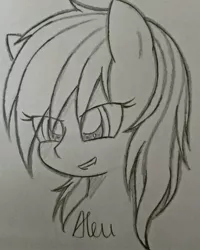 Size: 1280x1600 | Tagged: safe, artist:aleuoliver, derpibooru import, rainbow dash, pegasus, pony, eyelashes, female, grayscale, grin, image, jpeg, lineart, mare, monochrome, signature, smiling, solo, traditional art