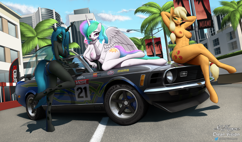 Size: 6240x3668 | Tagged: questionable, alternate version, artist:clear vision, derpibooru import, applejack, princess celestia, queen chrysalis, alicorn, anthro, changeling, changeling queen, earth pony, unguligrade anthro, abs, absurd file size, absurd resolution, applebucking thighs, arm behind head, ass, big breasts, blowing a kiss, boob squish, breasts, bugbutt, busty applejack, busty princess celestia, busty queen chrysalis, butt, car, clothes, commission, crossed legs, exhibitionism, female, ford, ford mustang, ford mustang mach 1, grid 2, huge breasts, image, legs, licking, licking lips, looking at you, miami, muscles, muscular female, nipples, nudity, pinup, png, praise the sun, reversalis, sexy, sinfully sexy, stupid sexy applejack, stupid sexy celestia, stupid sexy chrysalis, tongue out, trio, trio female