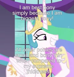 Size: 693x720 | Tagged: safe, derpibooru import, edit, edited screencap, screencap, princess celestia, alicorn, pony, a royal problem, best pony, caption, female, image, image macro, mare, meta, png, text, text edit, wide grin