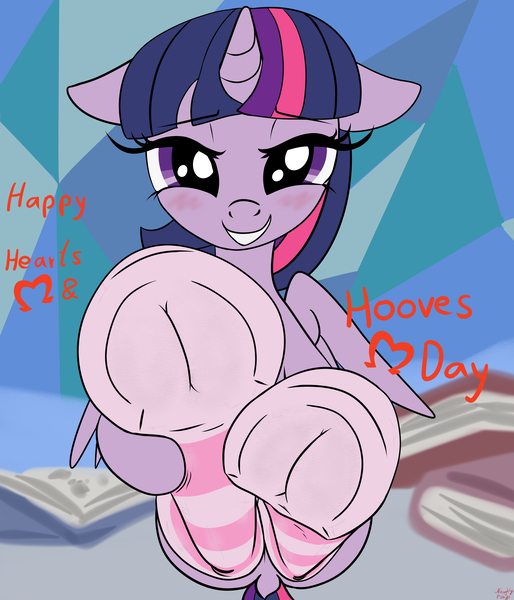 Size: 3600x4200 | Tagged: suggestive, artist:littlenaughtypony, derpibooru import, twilight sparkle, twilight sparkle (alicorn), alicorn, pony, blushing, clothes, commission, female, fetish, floppy ears, frog (hoof), hearts and hooves day, hoof fetish, hoofbutt, image, jpeg, looking at you, smiling, socks, solo, striped socks, teeth, underhoof, your character here