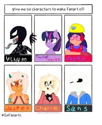 Size: 586x720 | Tagged: safe, artist:miruna-3000, derpibooru import, twilight sparkle, human, pony, unicorn, six fanarts, brawl stars, bust, charlie magne, clothes, crossover, earmuffs, female, hard hat, hazbin hotel, image, jasper (steven universe), male, mare, open mouth, png, sans (undertale), sharp teeth, spider-man, steven universe, teeth, tongue out, undertale, unicorn twilight, venom